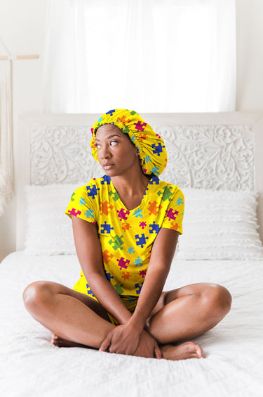 Puzzle Pieces - Bamboo Short Sleeve Pajama Shorts Set, With A Matching Satin-Lined Bonnet